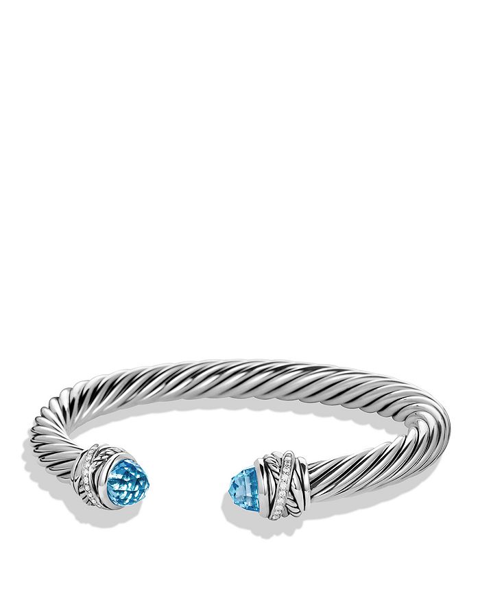 David Yurman Sterling Silver Crossover Bracelet With Diamonds & Gemstones In Blue Topaz