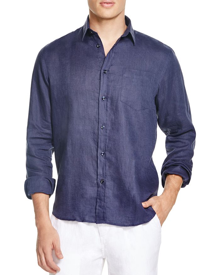 Shop Vilebrequin Regular Fit Long Sleeve Linen Button Down Shirt In Navy