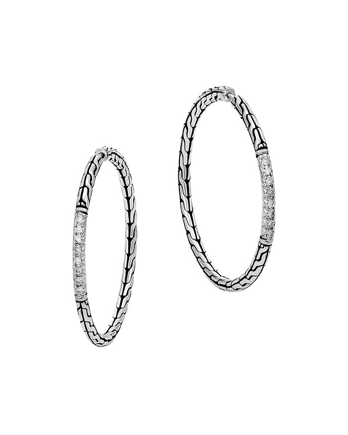 John Hardy Classic Chain Silver Diamond Pave Medium Hoop Earrings In White/silver