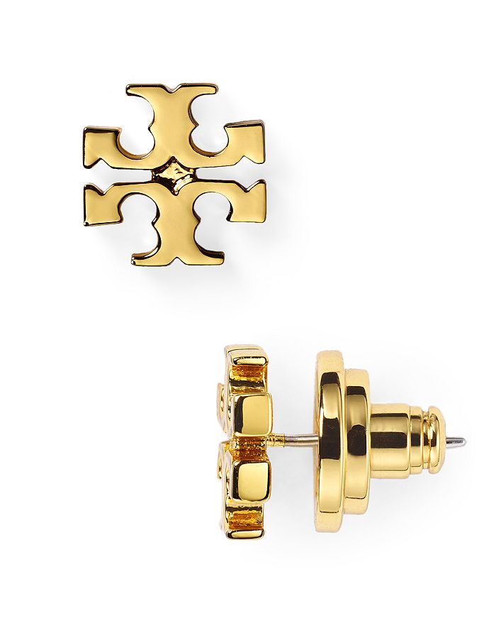 Tory Burch Logo Stud Earrings In Shiny Gold