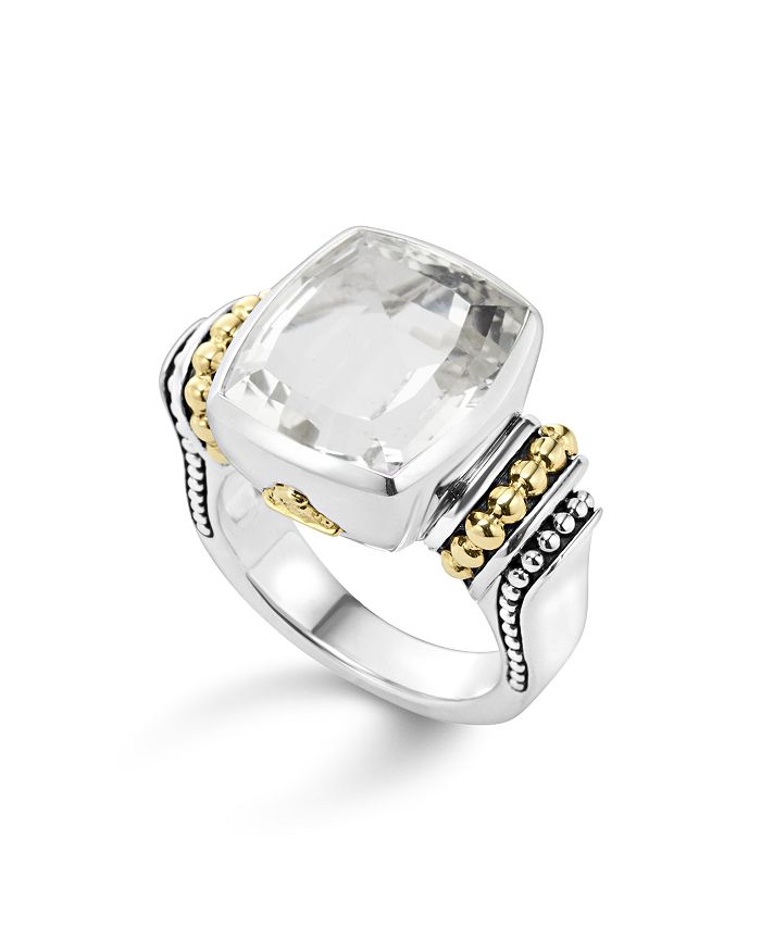 LAGOS 18K GOLD AND STERLING SILVER CAVIAR COLOR MEDIUM RING WITH WHITE TOPAZ,02-80562-F7