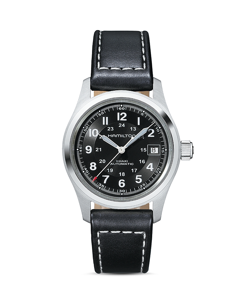 Hamilton Men's Swiss Automatic Khaki Field Black Leather Strap Watch 38mm In Black