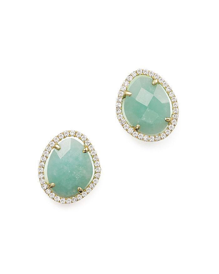 Meira T 14k Yellow Gold Amazonite Stud Earrings With Diamonds In Green/white