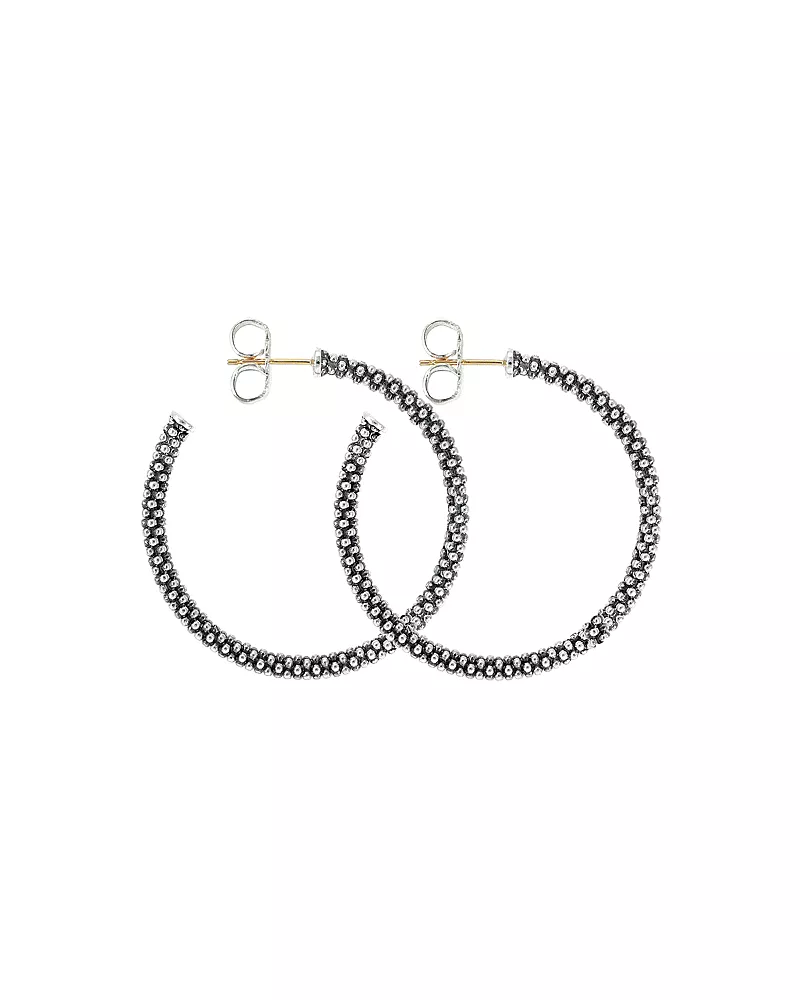 Lagos Beaded Thin Hoop Earrings, Sterling Silver, 35mm