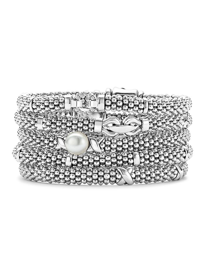 Shop Lagos Enso Sterling Silver Caviar Bracelet With Diamonds In White/silver