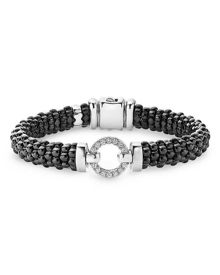 Shop Lagos Black Caviar Ceramic Bracelet With Sterling Silver And Diamonds In White/black