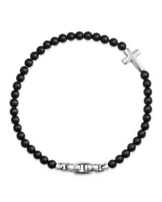 Men's Spiritual Beads Cross Station Bracelet in Sterling Silver with Black Onyx, 4mm