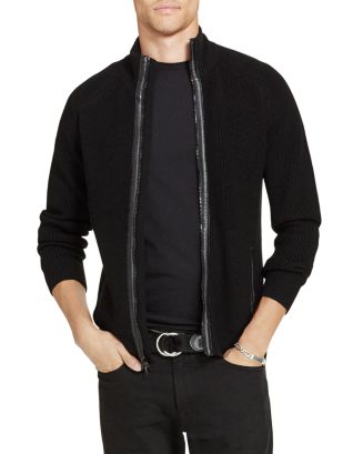 Polo Ralph Lauren Merino Wool Leather Trim Zip Cardigan | Bloomingdale's