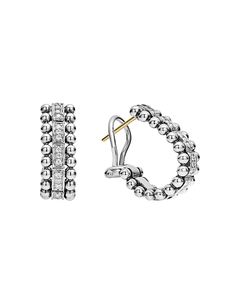 Lagos Sterling Silver Caviar Spark Diamond Oval Hoop Earrings In White/silver