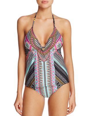 Patterned Halter Tankini Top & Hipster Bikini Bottom