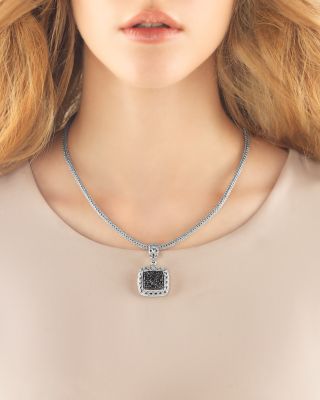 Sterling Silver Classic Chain Medium Square Pendant with Black Sapphire