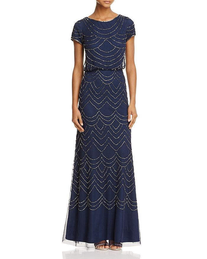 Adrianna Papell Beaded Blouson Gown In Navy