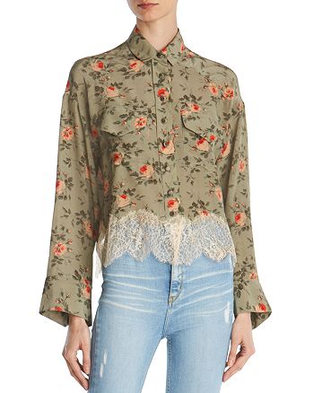 The Kooples Lace Trimmed Floral Silk Shirt | Bloomingdale's