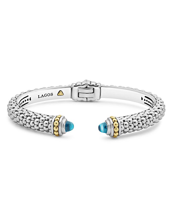 Shop Lagos 18k Gold And Sterling Silver Caviar Color Blue Topaz Cuff, 8mm In Blue/silver