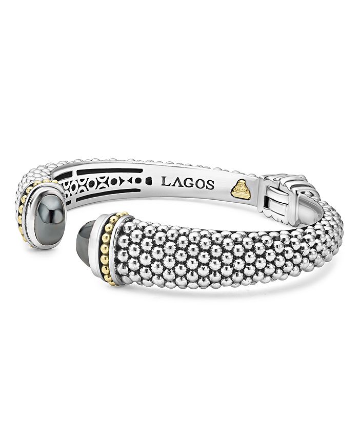 Shop Lagos 18k Gold And Sterling Silver Caviar Color Hematite Cuff Bracelet, 12mm In Dark Gray/silver