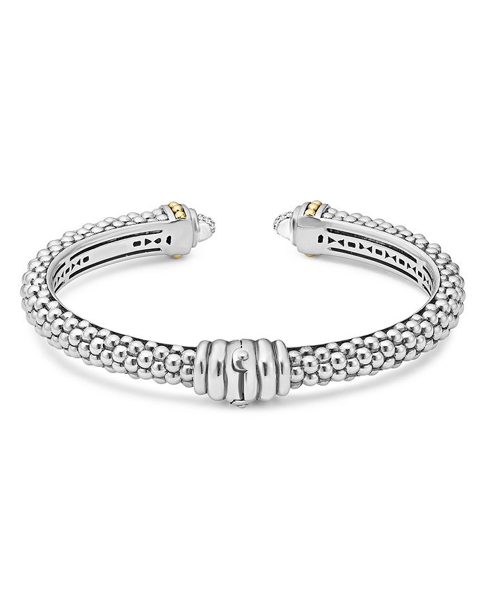 Shop Lagos 18k Gold And Sterling Silver Caviar And Diamonds Cuff, 8mm In White/silver