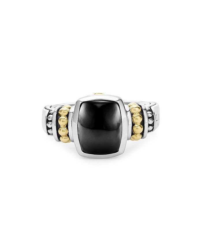 Shop Lagos 18k Gold And Sterling Silver Caviar Color Small Onyx Small Ring In Black/silver