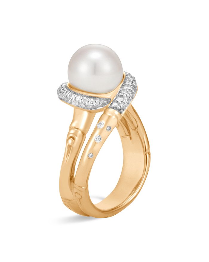 JOHN HARDY 18K YELLOW GOLD BAMBOO PAVE DIAMOND AND CULTURED FRESHWATER PEARL RING,RGX59962DIX7