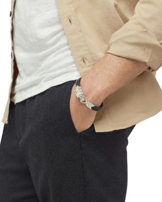 Men's Sterling Silver Legends Naga Bracelet with Braided Black Leather and Sapphire Eyes