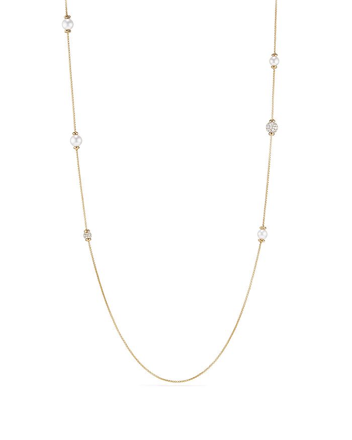 David Yurman Solari Long Station Necklace With Cultured Akoya Pearls & Diamonds In 18k Gold In White/gold