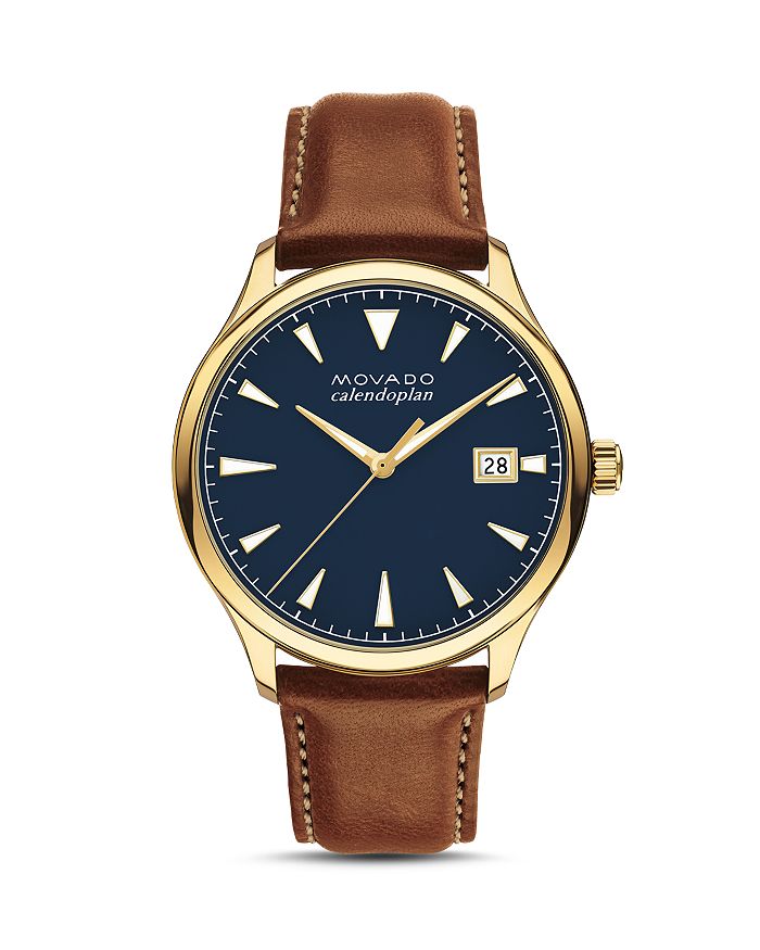 Movado 40mm Heritage Watch With Leather Strap In Blue/brown
