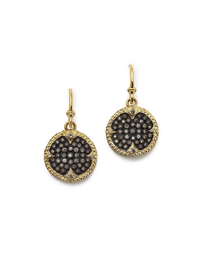 ARMENTA BLACKENED STERLING SILVER & 18K YELLOW GOLD OLD WORLD CHAMPAGNE DIAMOND CARVED DISC EARRINGS,10350