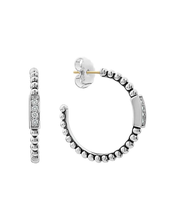 Shop Lagos Sterling Silver Caviar Spark Diamond Hoop Earrings In White/silver