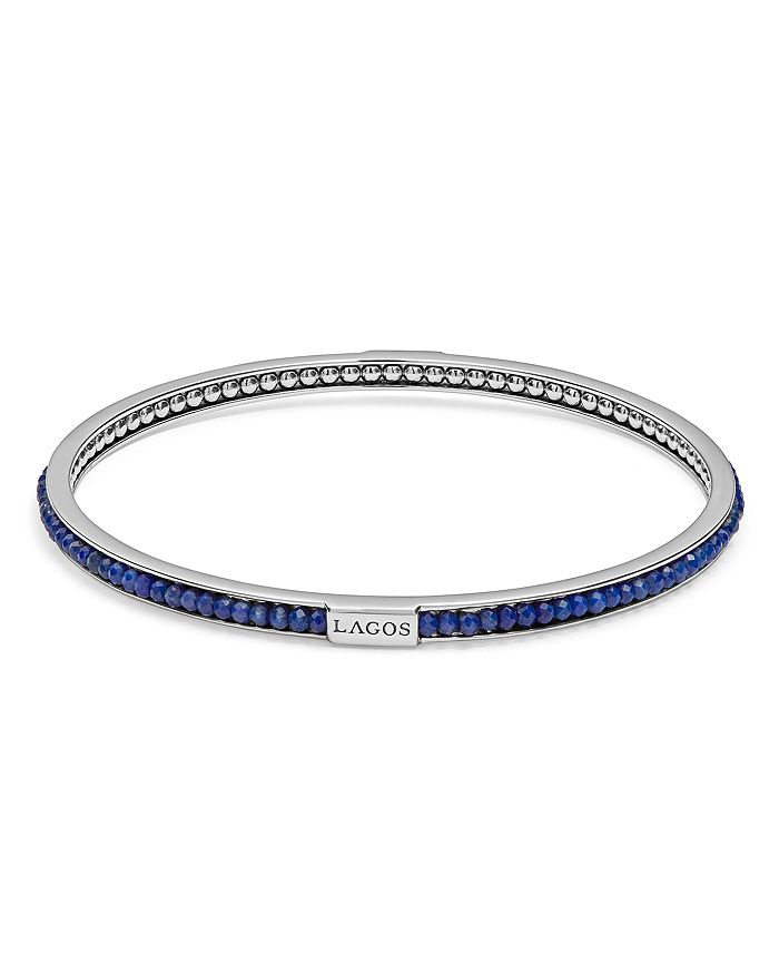Shop Lagos Sterling Silver Caviar Icon Lapis Beaded Bangle Bracelet In Blue/silver
