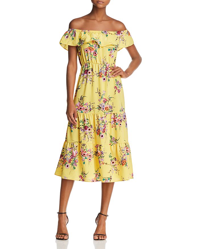 AQUA Floral Print OfftheShoulder Midi Dress 100 Exclusive