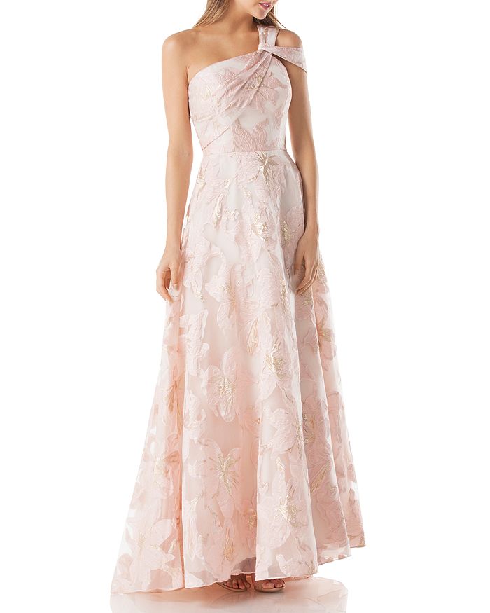 Robe De Soirée Carmen Marc Valvo Infusion - Crêpe à Volants Une épaule - Taille 12 Blush - Neuf