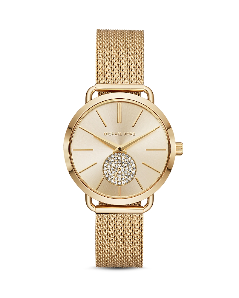 Michael Kors Women's Portia Gold-tone Stainless Steel Mesh Bracelet Watch 37mm In Gold