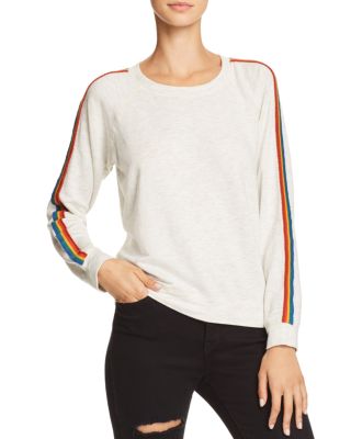 white sweatshirt with rainbow stripe