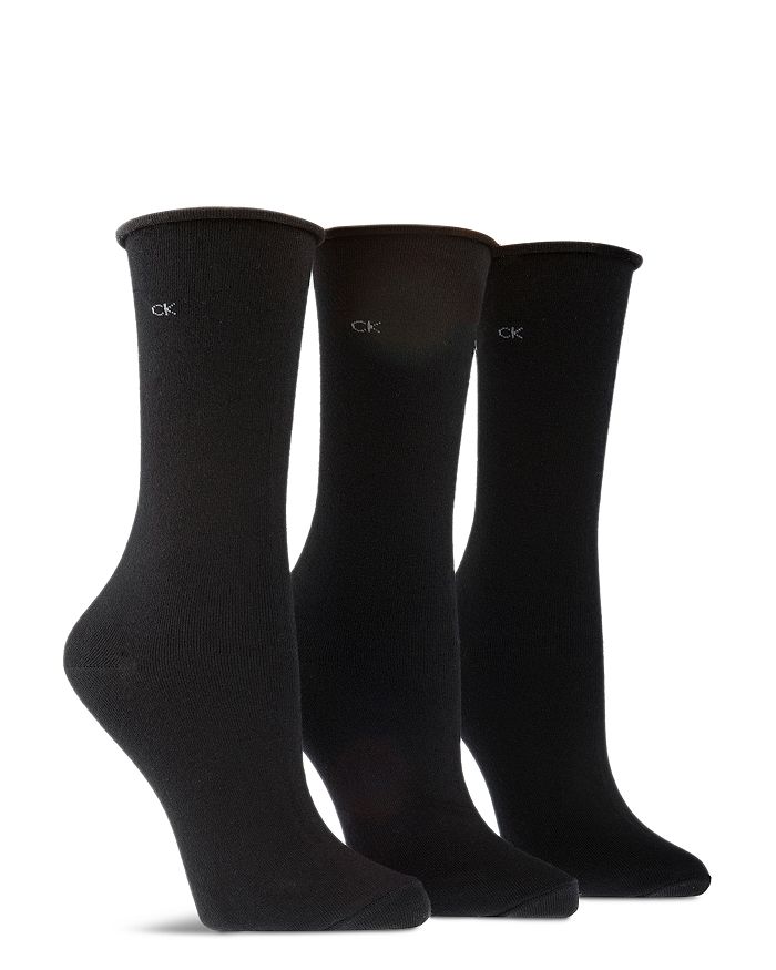 Calvin Klein Hosiery Roll Top Combed Cotton Socks, Set Of 3 In Black