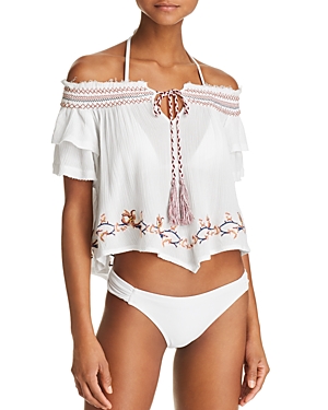 SURF GYPSY EMBROIDERED OFF-THE-SHOULDER TOP SWIM COVER-UP,CC5011