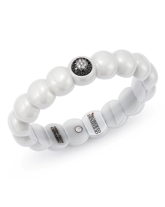 Roberto Demeglio 18k White Gold & White Ceramic Dama Stretch Bracelet With Black & White Diamonds In Black/white