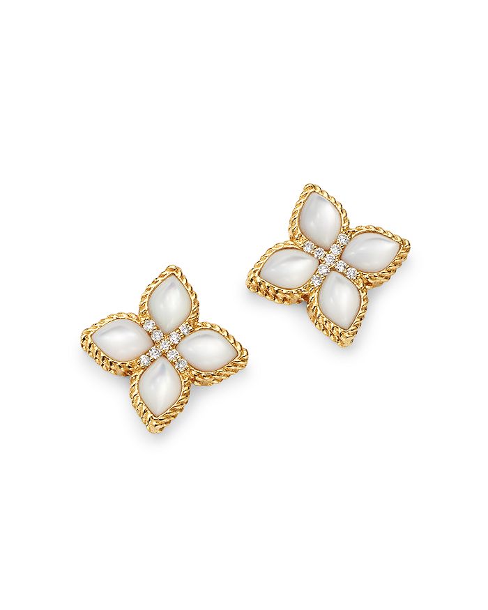Roberto Coin 18k Yellow Gold Venetian Princess Mother-of-pearl & Diamond Earrings In White/gold
