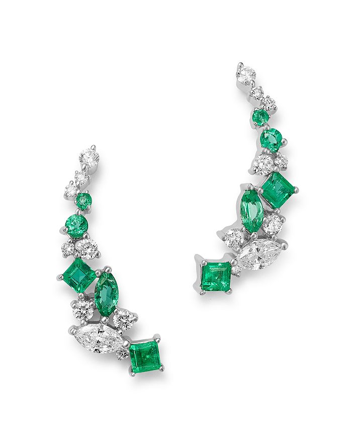 Bloomingdale's Diamond & Emerald Climber Earrings In 14k White Gold - 100% Exclusive In Green/white