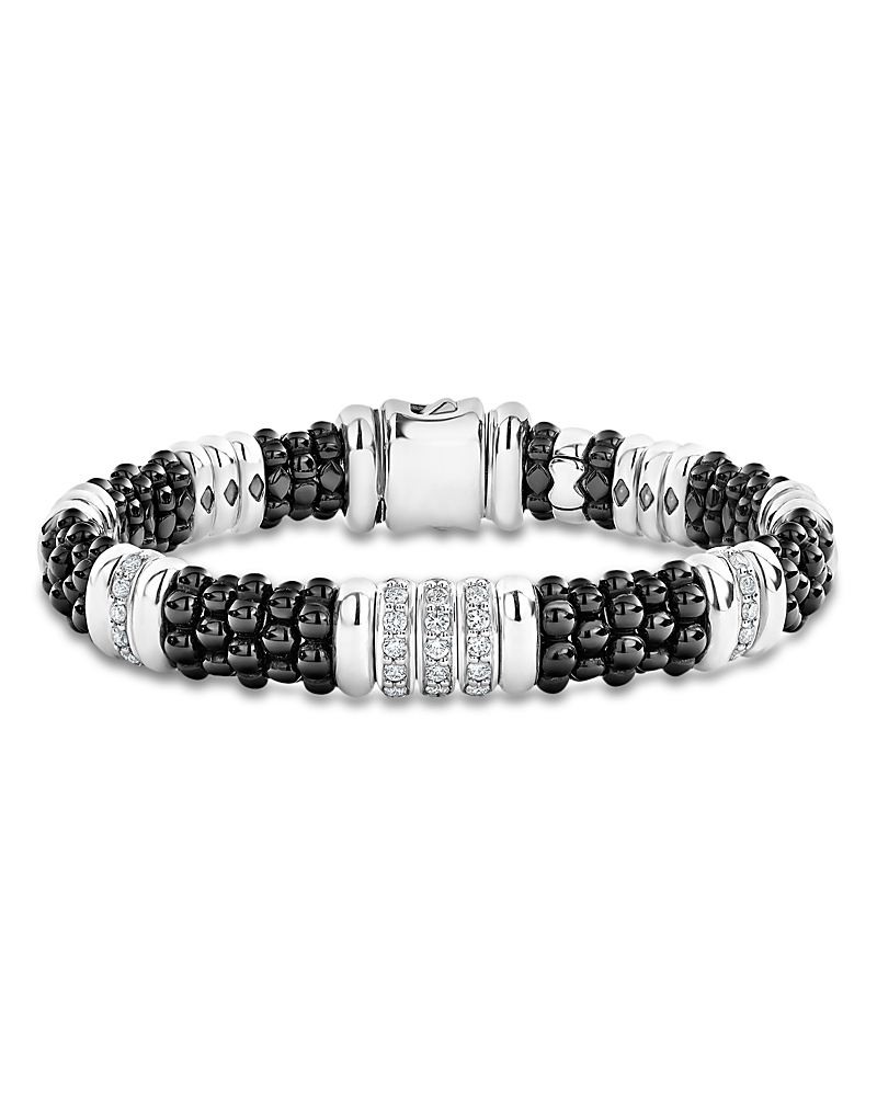 Lagos Sterling Silver Black Caviar Diamond & Black Ceramic Station Bracelet In White/black