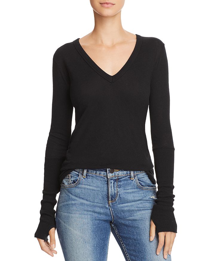 ENZA COSTA CASHMERE FITTED CUFFED LONG SLEEVE V NECK,CJ1013