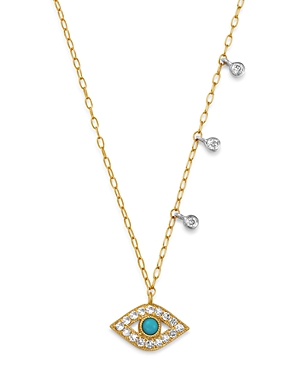 14K Yellow Gold & 14K White Gold Diamond & Turquoise Evil Eye Adjustable Pendant Necklace, 18
