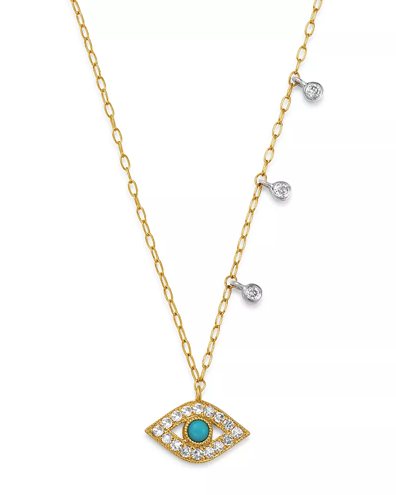Meira T 14K Yellow Gold & 14K White Gold Diamond & Turquoise Evil Eye Adjustable Pendant Necklace, 18