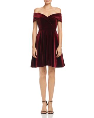 Burgundy Velvet Flared Dress, Off the Shoulder Dress
