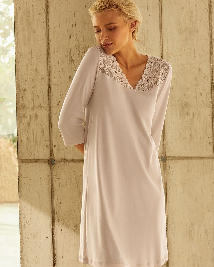 Shop Hanro Moments Lace Trim Three-quarter Sleeve Cotton Gown In White