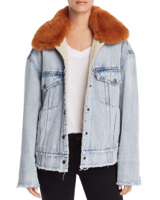 oversize faux shearling lined denim trucker jacket with removable faux fur collar