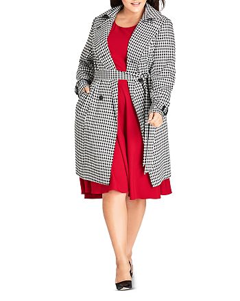 City Chic Plus - Double-Breasted Houndstooth Trench Coat