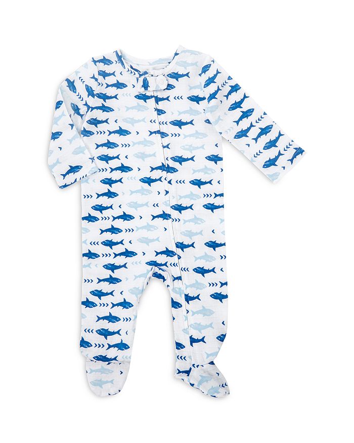 Aden And Anais Boys' Shark Print Footie - Baby In White/blue