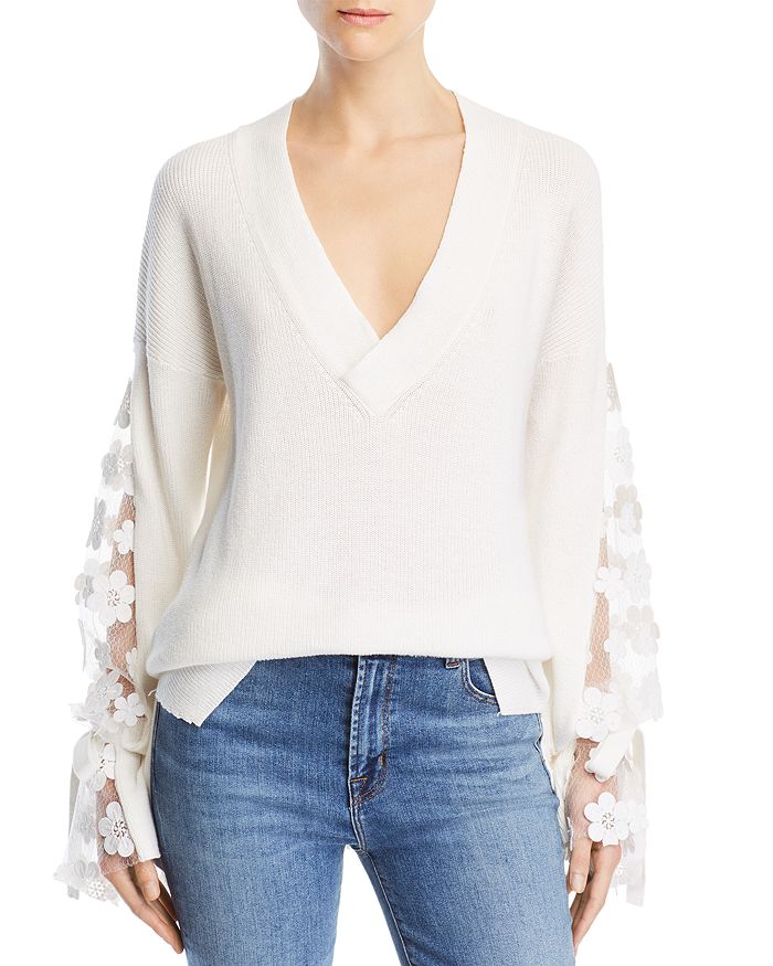 FRENCH CONNECTION CABALLO FLORAL-LACE SLEEVE SWEATER,78KNP
