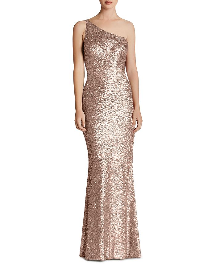Dress The Population Sequined One-shoulder Gown In Rose Gold