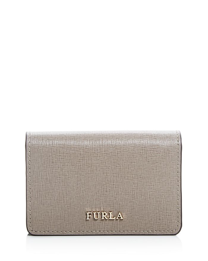 Furla Babylon Small Leather Card Case In Sabbia Gray/gold