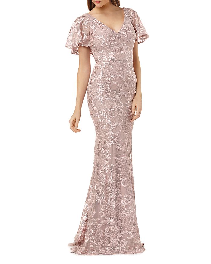 CARMEN MARC VALVO INFUSION EMBROIDERED FLUTTER SLEEVE GOWN,661795
